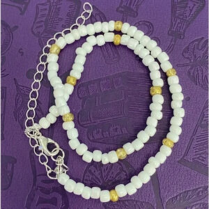 Handmade White & Gold Seed Bead Choker Necklace